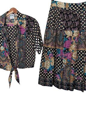 Vtg Koret Outfit 10 Petite Skirt Shirt Set Short Slv Black Floral Blouse Crop